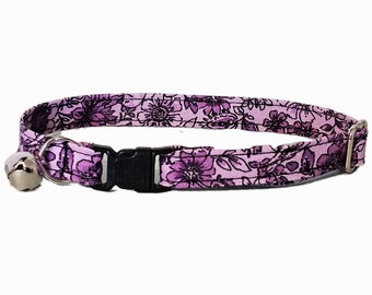 Purple Floral Cat Collar, Adjustable Kitten to Large Cat Sizes, Safe Lightweight Fabric Kitty Collar