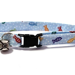 Cute Fish Cat Collars with Bell - Fits Small Kittens to Large Cats - Tag Ring for Charm - Flexible Washable Cotton Fabric - Fishy