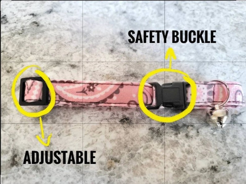 May include: Pink cat collar with a paisley pattern, adjustable black buckle, and a safety buckle. The collar also features a small silver bell. The word "ADJUSTABLE" is written on the image.
