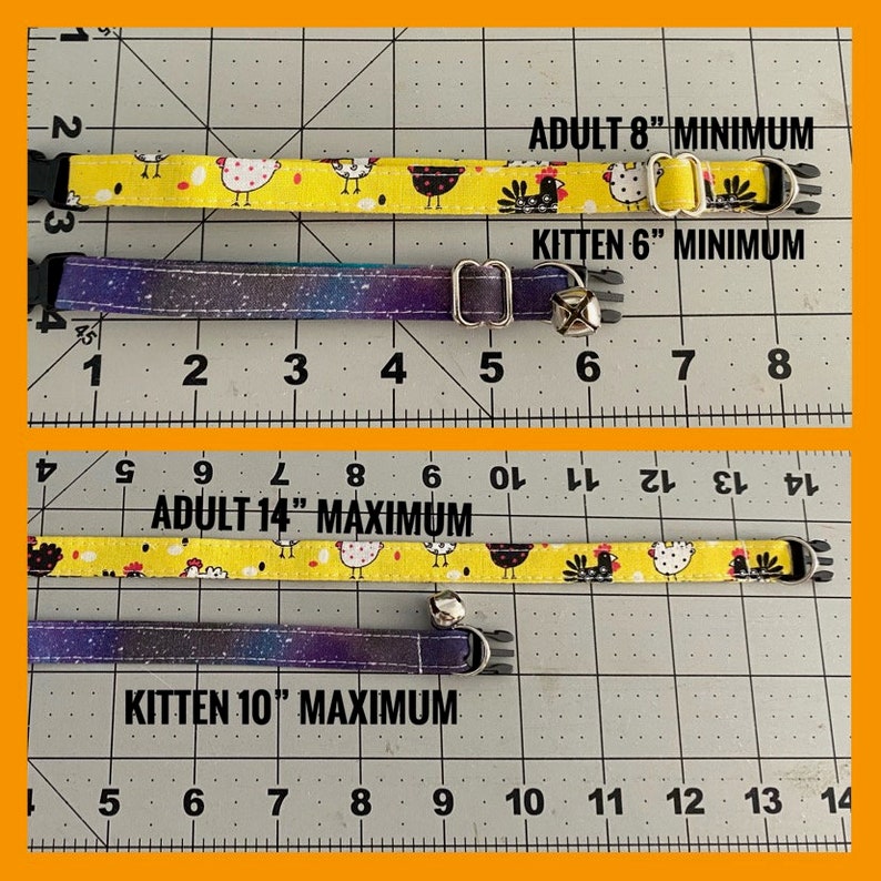 May include: Two cat collars, one yellow with chicken pattern, the other purple with a galaxy design. The yellow collar is labeled "ADULT 8" MINIMUM" and "ADULT 14" MAXIMUM". The purple collar is labeled "KITTEN 6" MINIMUM" and "KITTEN 10" MAXIMUM".