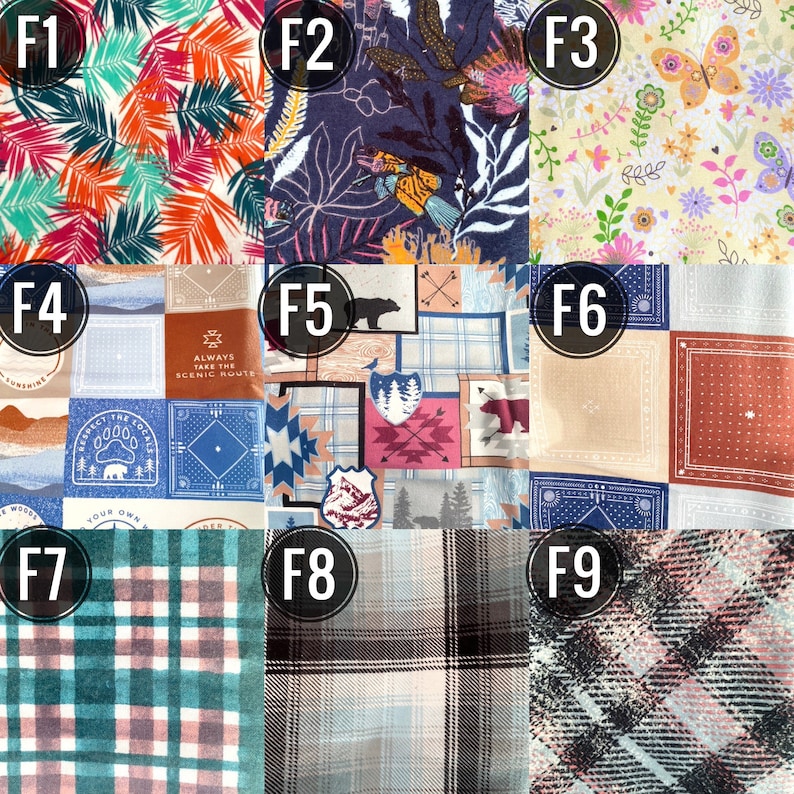 May include: A collection of nine fabric swatches with various patterns. The swatches include tropical leaves, floral designs, and plaid patterns. Some swatches feature text and illustrations, such as bears and arrows. The color palette includes shades of blue, orange, pink, and green.