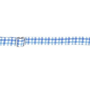May include: A blue and white gingham cat collar with a silver-colored bell and a black plastic buckle. The collar is approximately 0.5 inches wide.