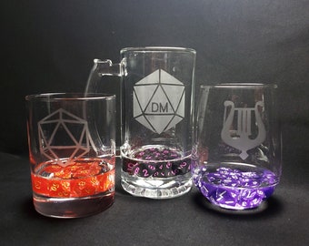 Dice Filled Mini Stein, Whiskey Tumbler, or Stemless Wine Glass