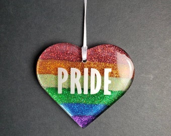 Pride LGBTQ+ Rainbow Trans love heart glass ornament
