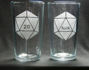 Critical Hit and Critical Fail pint glasses or whiskey tumblers (set of 2)