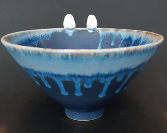 Twin owl bowl - large- handmade ceramic - snowy blues