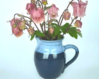 Small jug with handle for milk, cream, whisky, water etc. Handmade ceramic pottery. Snowy blue glazes