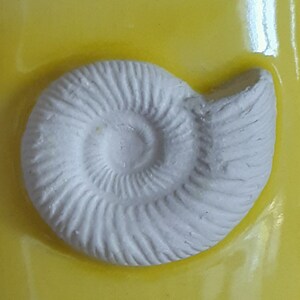 May include: A white ceramic ammonite fossil with a spiral shape and detailed ridges, set against a bright yellow background.