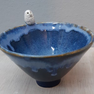 Może przedstawiać: Ceramiczna miska z niebieskim szkliwem i małą białą figurką sowy przymocowaną do krawędzi. Miska ma ciemnoniebieski zewnętrzny i jaśniejszy niebieski wewnętrzny z brązową krawędzią. Sowa siedzi na krawędzi.