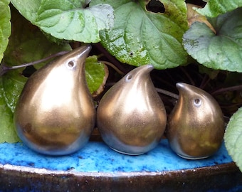Handmade Ceramic Miniature Gold Birds - Family of Three.