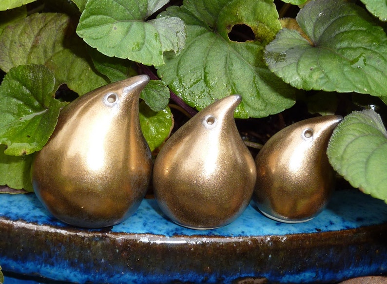 Handmade Ceramic Miniature Gold Birds Family of Three. image 2