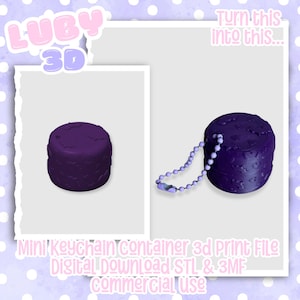 May include: A dark purple cylindrical mini keychain container with a textured surface featuring small heart and bat shapes. The container includes a matching purple ball chain. Text on the image reads LUBY 3D, Turn this into this, and Mini Keychain Container 3d Print File Digital Download STL & 3MF Commercial Use.
