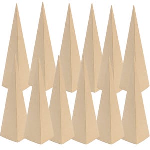 May include: Ten brown cardboard cone shaped papercraft trees. The trees are all the same size and shape. They are arranged in a staggered pattern.