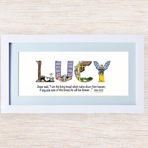 First Holy Communion Gift for Girls | Catholic Personalized Christian Name Art | John 6:51 Living Bread Bible Verse image 4
