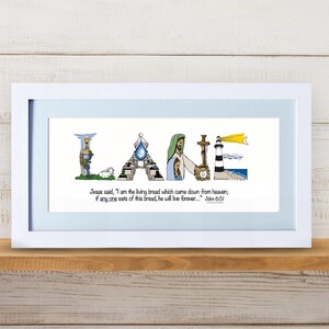 First Holy Communion Gift for Girls | Catholic Personalized Christian Name Art | John 6:51 Living Bread Bible Verse image 11