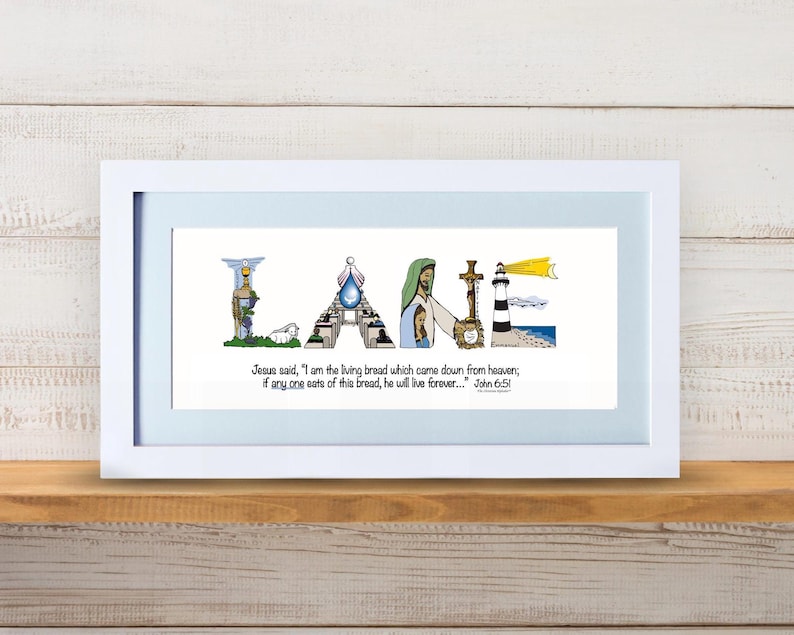 First Holy Communion Gift for Girls | Catholic Personalized Christian Name Art | John 6:51 Living Bread Bible Verse image 11