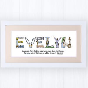 First Holy Communion Gift for Girls | Catholic Personalized Christian Name Art | John 6:51 Living Bread Bible Verse image 5