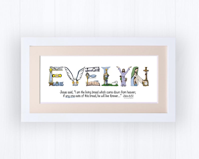 First Holy Communion Gift for Girls | Catholic Personalized Christian Name Art | John 6:51 Living Bread Bible Verse image 5