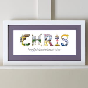 First Holy Communion Gift for Girls | Catholic Personalized Christian Name Art | John 6:51 Living Bread Bible Verse Periwinkle/Purple