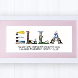 First Holy Communion Gift for Girls | Catholic Personalized Christian Name Art | John 6:51 Living Bread Bible Verse