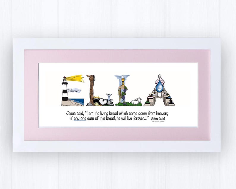 First Holy Communion Gift for Girls | Catholic Personalized Christian Name Art | John 6:51 Living Bread Bible Verse image 1