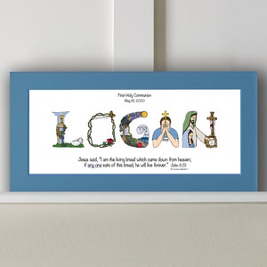 First Communion Gifts for Boys Personalized with bible verse, 10x20 Matted Print Frame Option Christian gifts from The Christian Alphabet™ Bold Blue