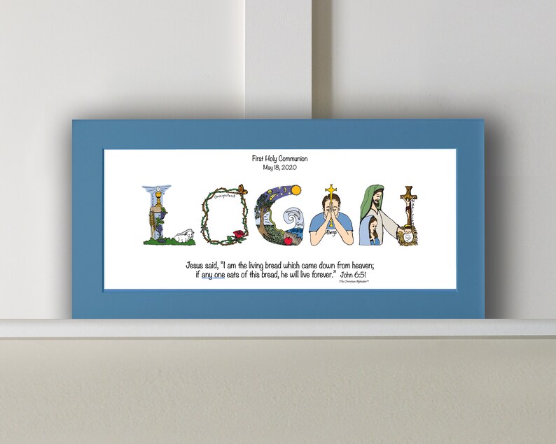 First Communion Gifts for Boys Personalized with bible verse, 10x20 Matted Print Frame Option Christian gifts from The Christian Alphabet™ Bold Blue