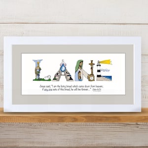 First Holy Communion Gift for Girls | Catholic Personalized Christian Name Art | John 6:51 Living Bread Bible Verse image 12