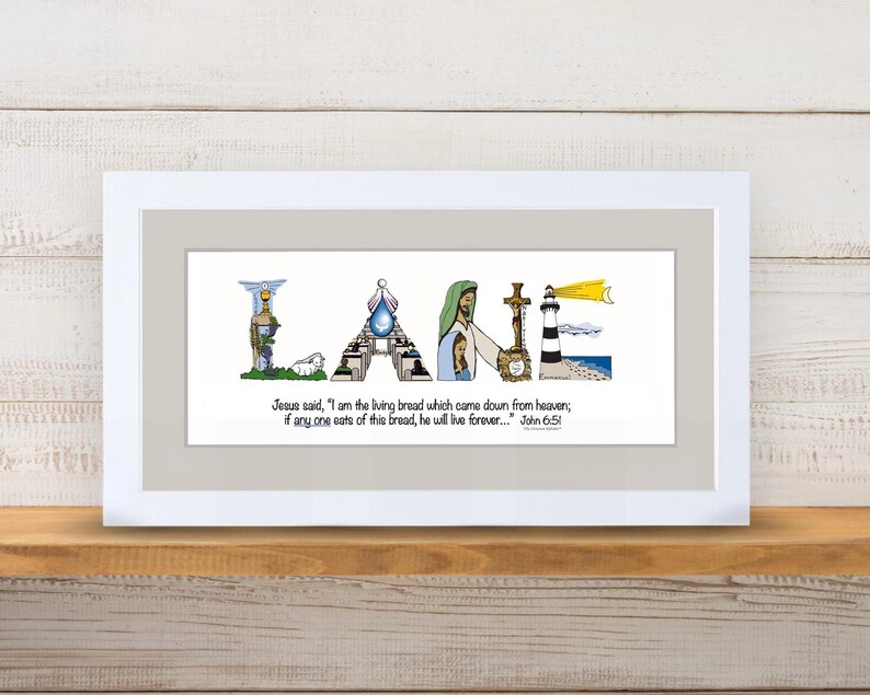 First Holy Communion Gift for Girls | Catholic Personalized Christian Name Art | John 6:51 Living Bread Bible Verse image 12