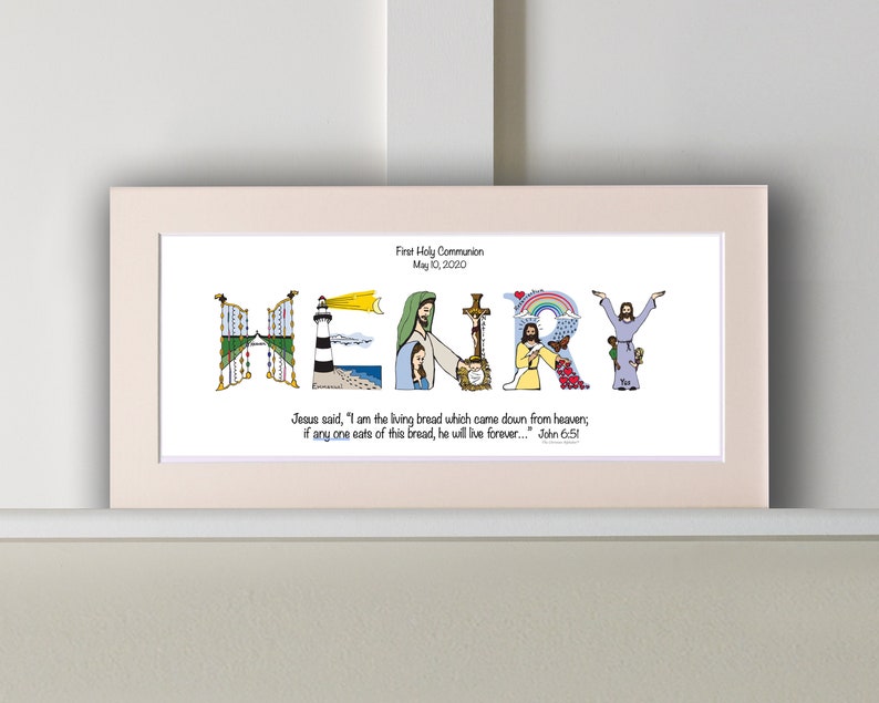 First Communion Gifts for Boys Personalized with bible verse, 10x20 Matted Print Frame Option Christian gifts from The Christian Alphabet™ Lightest Beige