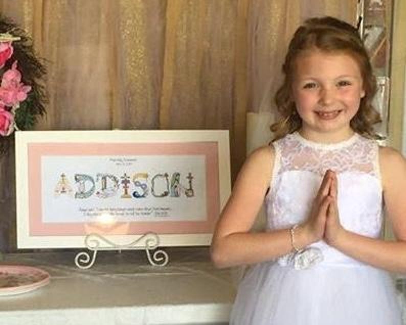 First Holy Communion Gift for Girls | Catholic Personalized Christian Name Art | John 6:51 Living Bread Bible Verse image 17