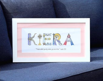 Baptism Gift for Girls | Personalized Christian Name Art | Custom Bible Verse Wall Decor