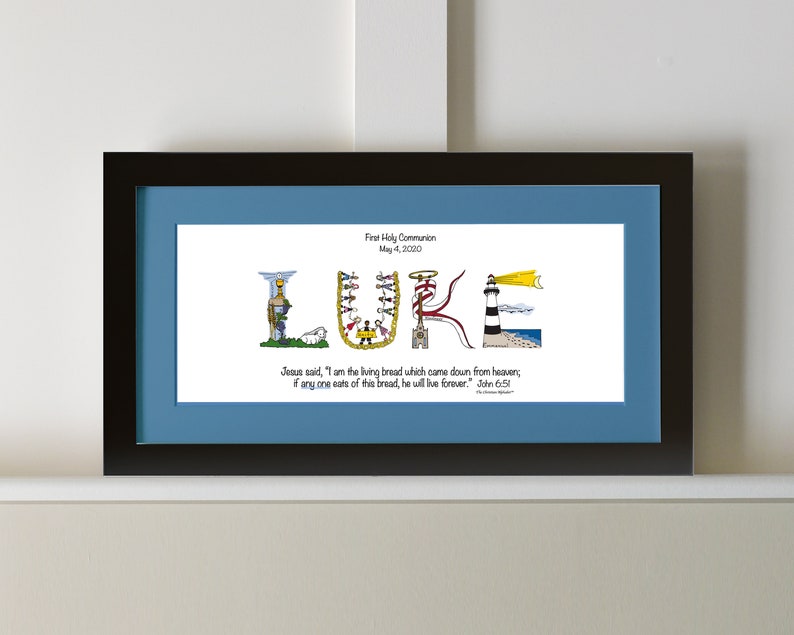 First Communion Gifts for Boys Personalized with bible verse, 10x20 Matted Print Frame Option Christian gifts from The Christian Alphabet™ image 5