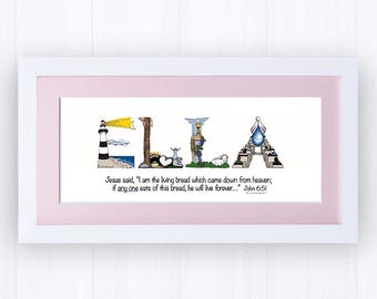 Personalized First Communion Gift for Girls | Christian Alphabet Name Sign | Communion Keepsake | John 6:51 Scripture