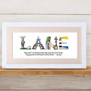 First Holy Communion Gift for Girls | Catholic Personalized Christian Name Art | John 6:51 Living Bread Bible Verse image 13