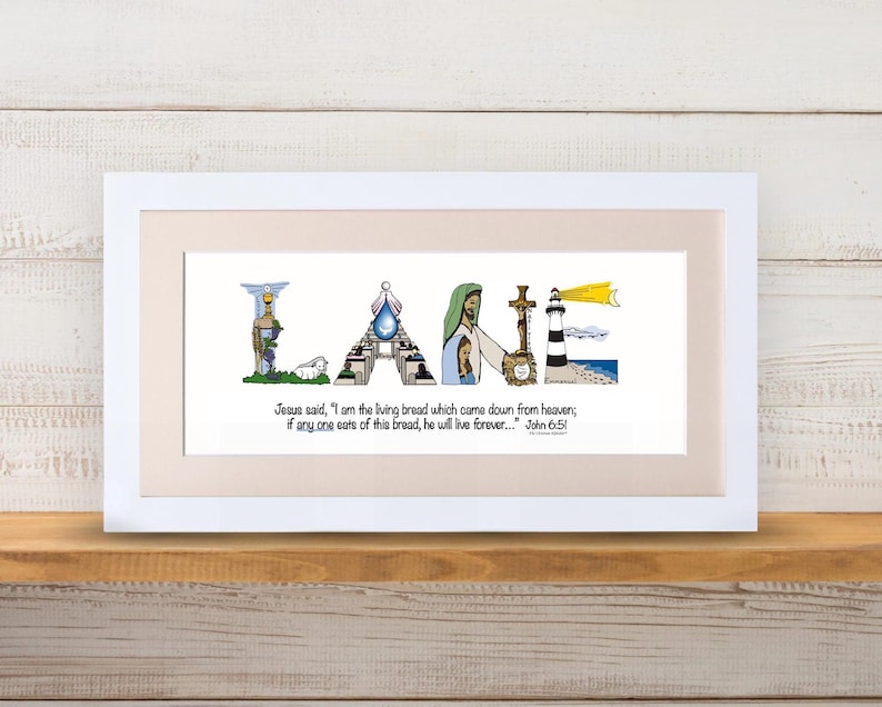 First Holy Communion Gift for Girls | Catholic Personalized Christian Name Art | John 6:51 Living Bread Bible Verse image 13