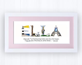 Personalized Catholic Name Art | First Communion Gift for Girls | Christian Wall Art | Baptism Gift | John 6:51 Scripture Print