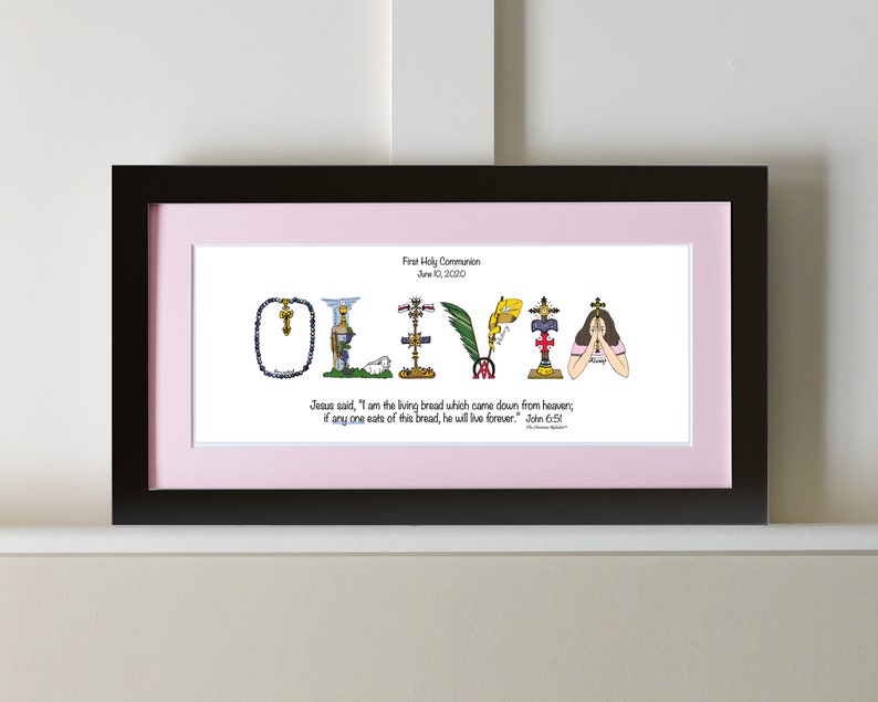 First Holy Communion Gift for Girls | Catholic Personalized Christian Name Art | John 6:51 Living Bread Bible Verse image 7