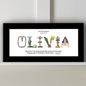 First Holy Communion Gift for Girls | Catholic Personalized Christian Name Art | John 6:51 Living Bread Bible Verse Black