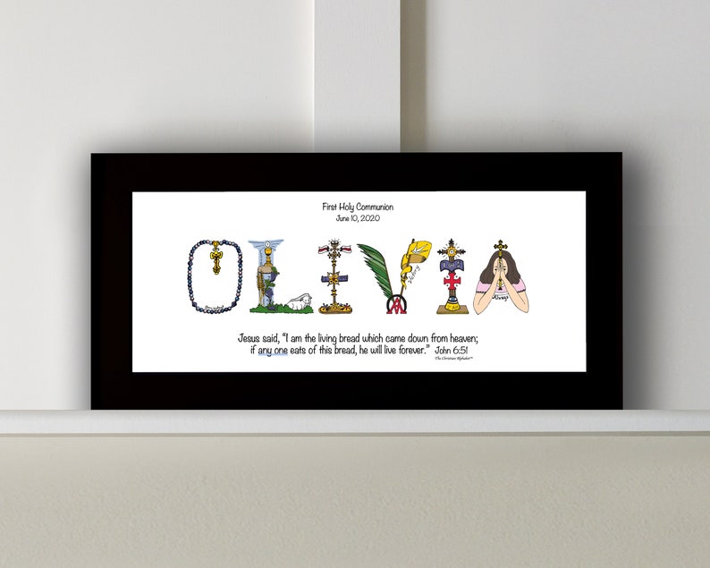 First Holy Communion Gift for Girls | Catholic Personalized Christian Name Art | John 6:51 Living Bread Bible Verse Black