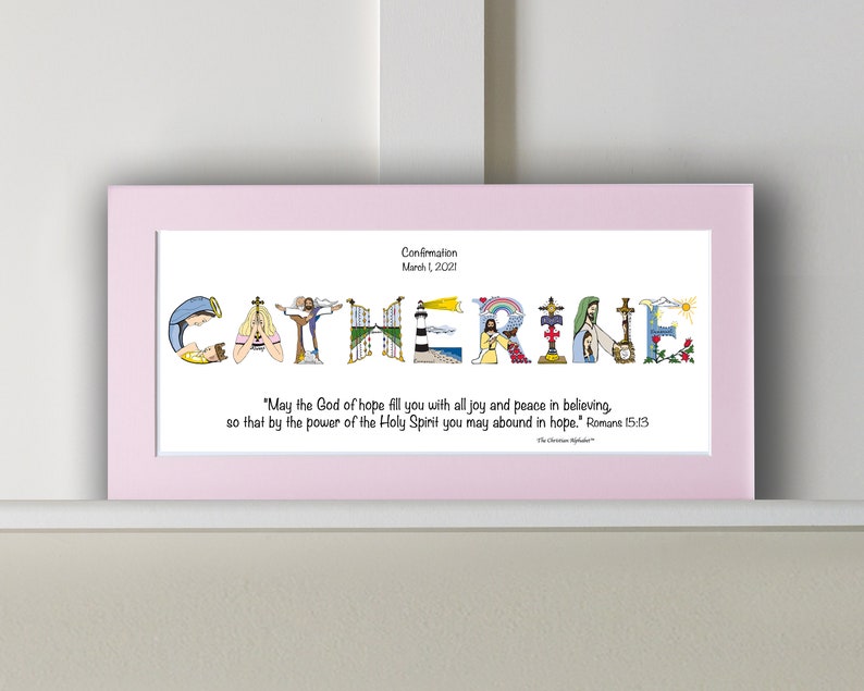 Confirmation Gifts Personalized Catholic Gifts 10x20 Name Art Print Optional Frame Christian Gifts from The Christian Alphabet™ Pastel Pink