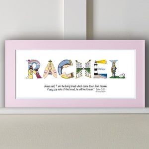 First Communion Gifts for Girls Personalized with bible verse 10x20 Matted Print Frame Option Christian gifts from The Christian Alphabet™ Pastel Pink