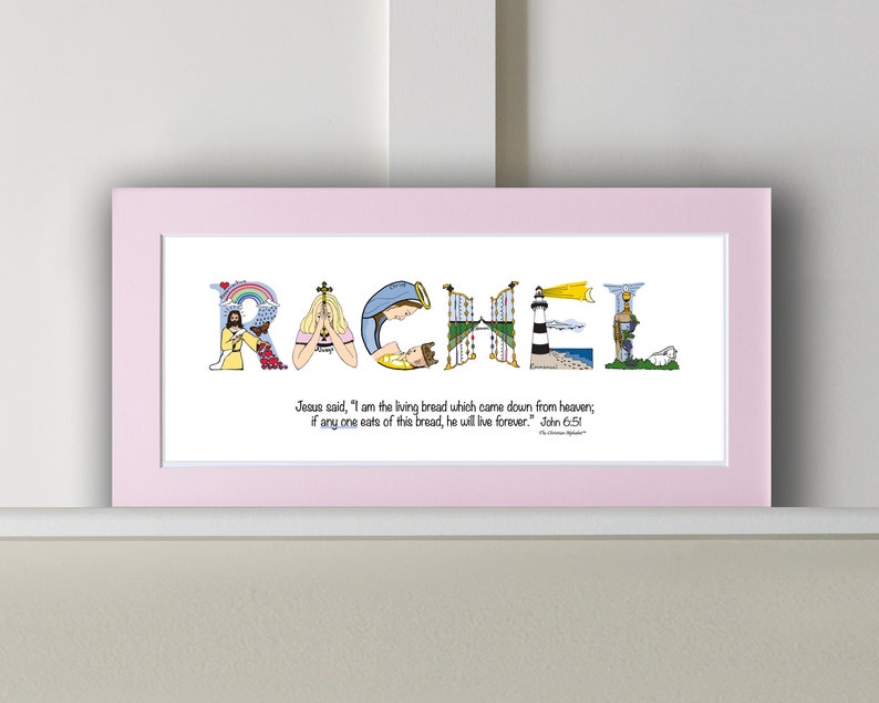 First Holy Communion Gift for Girls | Catholic Personalized Christian Name Art | John 6:51 Living Bread Bible Verse Pastel Pink