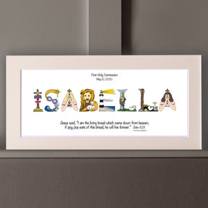 First Holy Communion Gift for Girls | Catholic Personalized Christian Name Art | John 6:51 Living Bread Bible Verse Lightest Beige