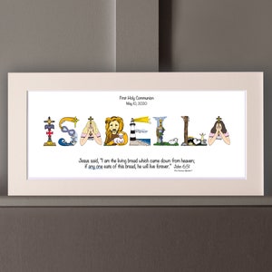 First Communion Gifts for Girls Personalized with bible verse 10x20 Matted Print Frame Option Christian gifts from The Christian Alphabet™ Lightest Beige