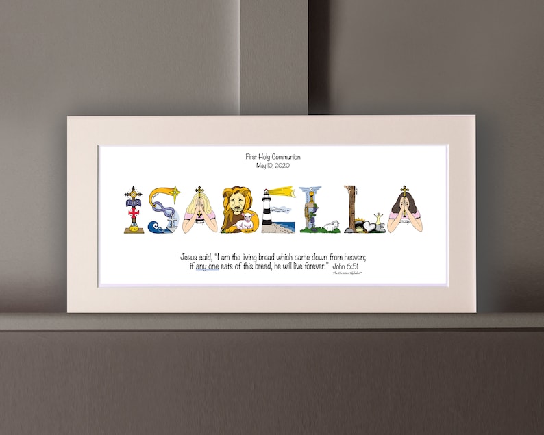 First Communion Gifts for Girls Personalized with bible verse 10x20 Matted Print Frame Option Christian gifts from The Christian Alphabet™ Lightest Beige