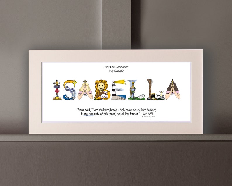 First Holy Communion Gift for Girls | Catholic Personalized Christian Name Art | John 6:51 Living Bread Bible Verse Lightest Beige