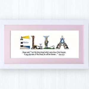 First Communion Gift for Girls | Catholic Personalized Christian Name Art | John 6:51 Living Bread Bible Verse