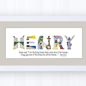 First Holy Communion Gift for Boys | Catholic Personalized Christian Name Art | John 6:51 Living Bread Bible Verse