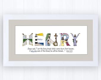 First Holy Communion Gift for Boys | Catholic Personalized Christian Name Art | John 6:51 Living Bread Bible Verse